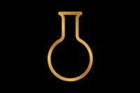 Gold minimalist line-art laboratory flask icon on a black #000000 background, clean science style, premium supplement brand feel. Make bigger to fill space