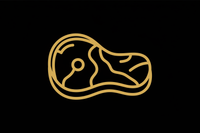 Minimal gold line-art steak icon on a black #000000 background, simple bold outline, premium carnivore fitness aesthetic. Make even bigger!