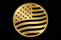 Minimal gold USA badge icon with star stripes, clean line-art style, black #000000 background, professional supplement certification vibe. make bigger to fill space!